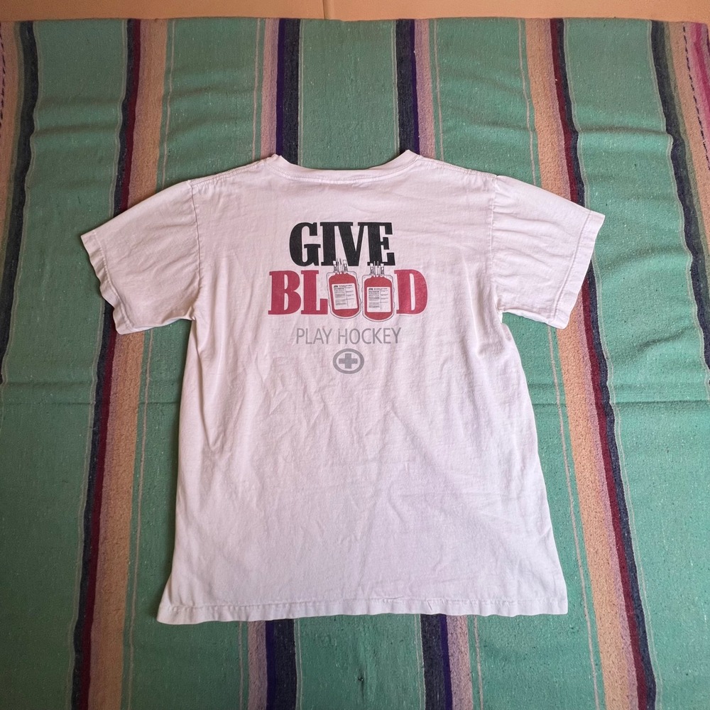 Aussie T Company Give Blood Play Hockey Shirt Small White Vintage USA Cotton Tee